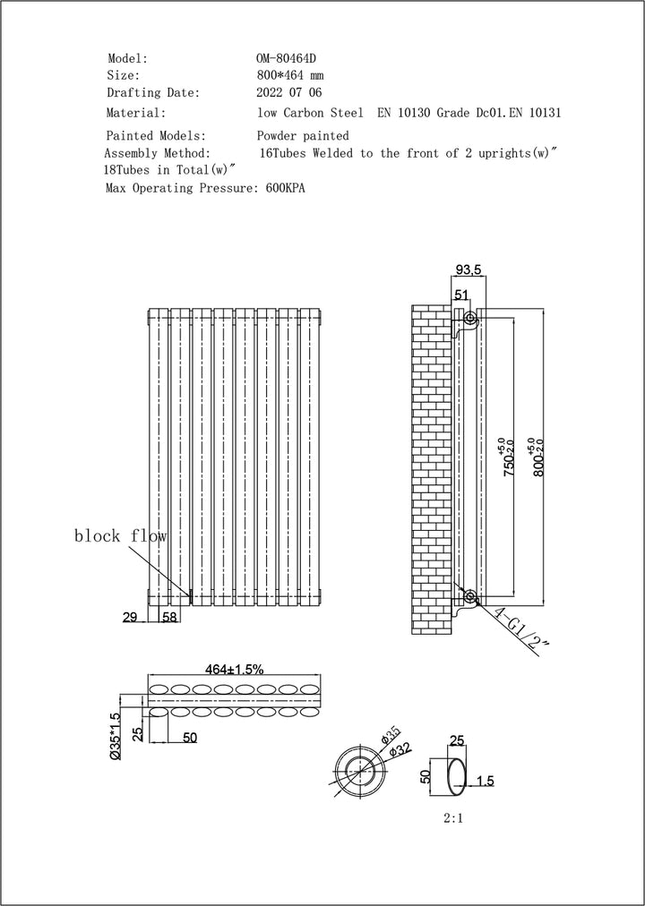 Omeara - Black Designer Radiator H800mm x W464mm Double Panel