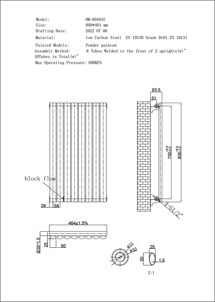 Omeara Anthracite Horizontal Electric Radiator H800 x W464mm Single Panel 400w Thermostatic WIFI - Feet Included