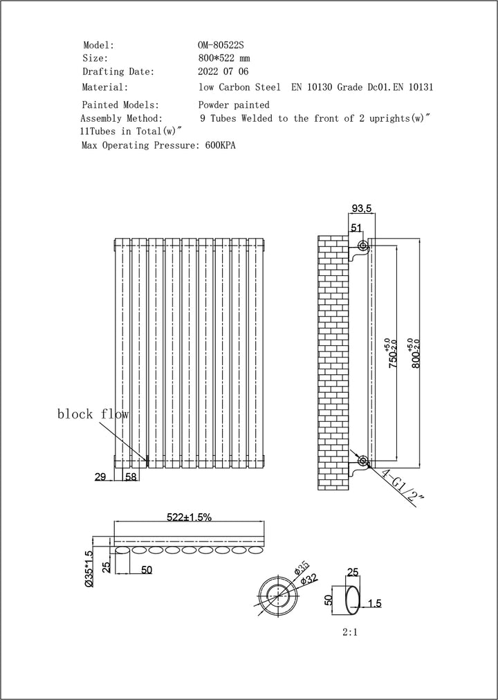 Omeara White Horizontal Electric Radiator H800 x W522mm Single Panel 500w Thermostatic WIFI - Feet Included