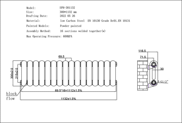 Sherwood - Anthracite Round Top Column Radiator H300mm x W1132mm 2 Column