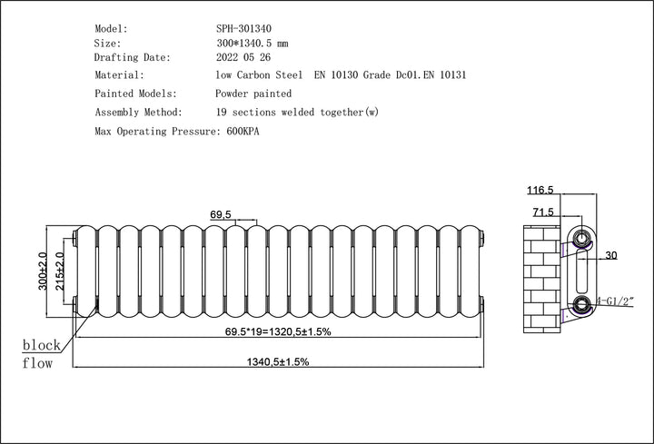 Sherwood - White Round Top Column Radiator H300mm x W1340mm 2 Column