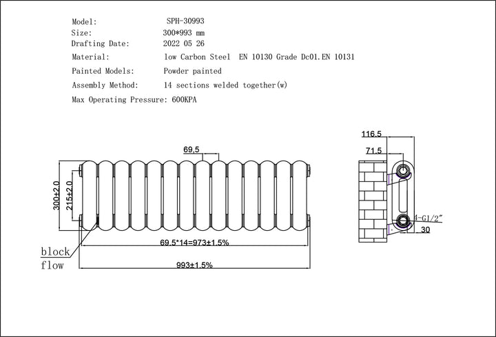 Sherwood - White Round Top Column Radiator H300mm x W993mm 2 Column
