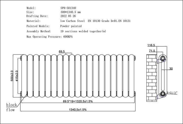 Sherwood - White Round Top Column Radiator H500mm x W1340mm 2 Column