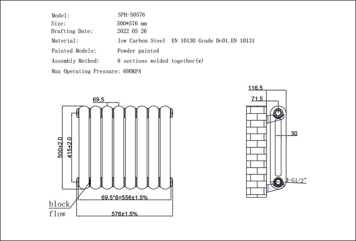 Sherwood - White Round Top Column Radiator H500mm x W576mm 2 Column