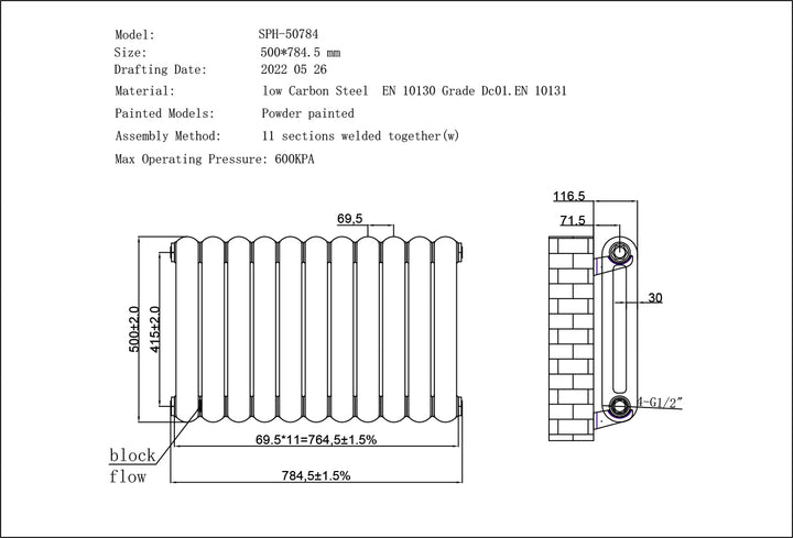 Sherwood - White Round Top Column Radiator H500mm x W785mm 2 Column