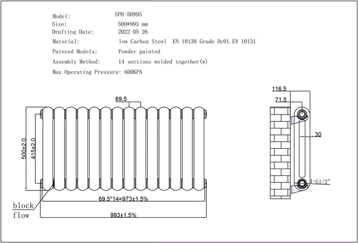 Sherwood - Anthracite Round Top Column Radiator H500mm x W993mm 2 Column