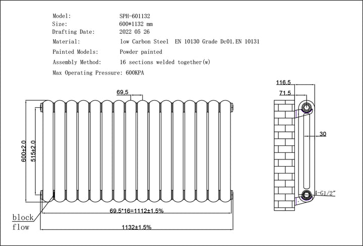 Sherwood - Anthracite Round Top Column Radiator H600mm x W1132mm 2 Column