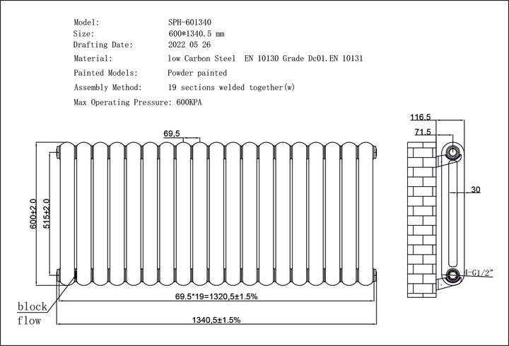 Sherwood - Black Round Top Column Radiator H600mm x W1340mm 2 Column