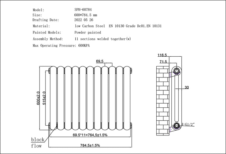 Sherwood - White Round Top Column Radiator H600mm x W785mm 2 Column