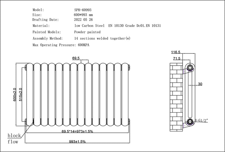 Sherwood - Black Round Top Column Radiator H600mm x W993mm 2 Column