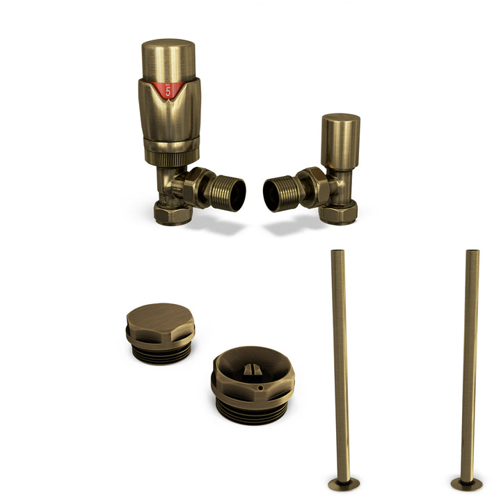 Stirling Bold - Thermostatic Radiator Valve & Accessory Kit - Antique Brass Angled 15mm