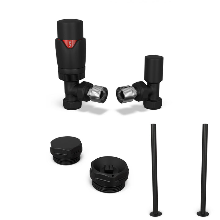 Stirling Bold - Black Thermostatic Radiator Valve & Installation Kit Angled 15mm