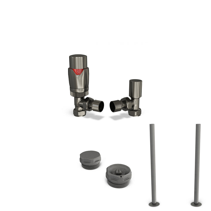 Stirling Bold - Thermostatic Radiator Valve & Installation Kit - Pewter Angled 15mm