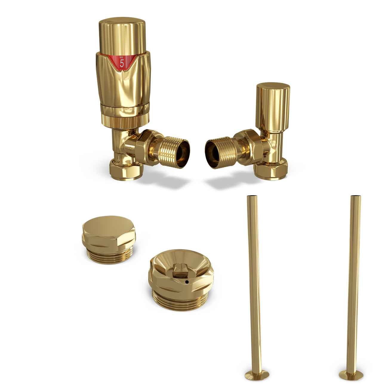 Stirling Bold - Polished Brass Thermostatic Radiator Valve & Installation Kit Angled 15mm