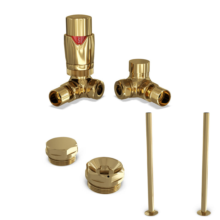 Stirling Bold - Polished Brass Thermostatic Radiator Valve & Installation Kit Corner 15mm