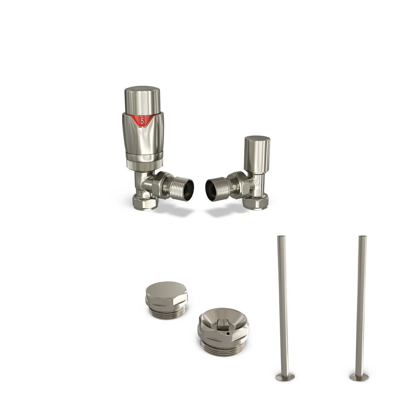 Stirling Bold - Thermostatic Radiator Valve & Installation Kit - Silver Nickel Angled 15mm