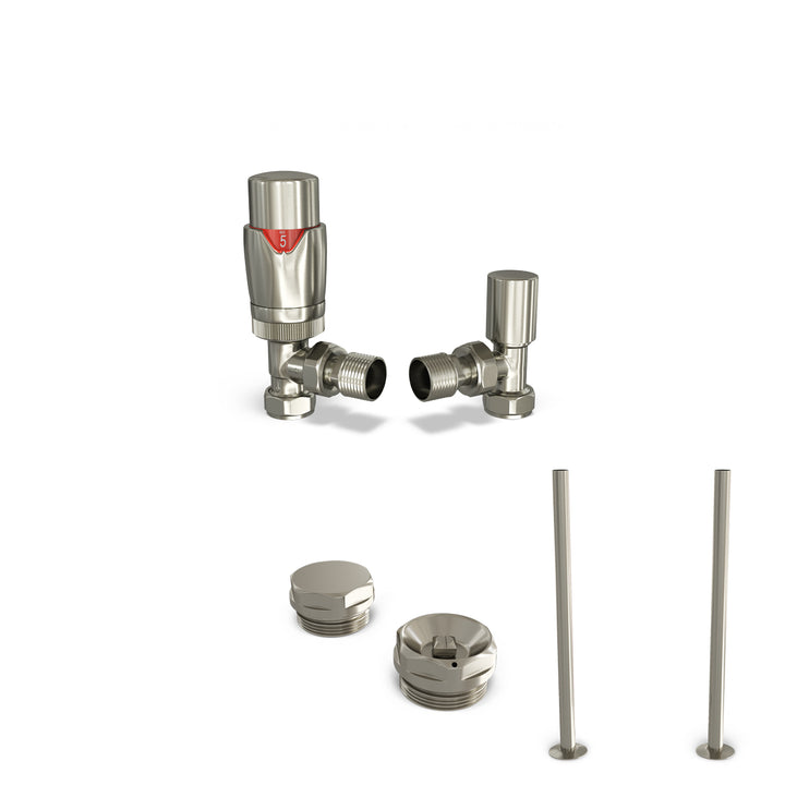 Stirling Bold - Thermostatic Radiator Valve & Installation Kit - Silver Nickel Angled 15mm