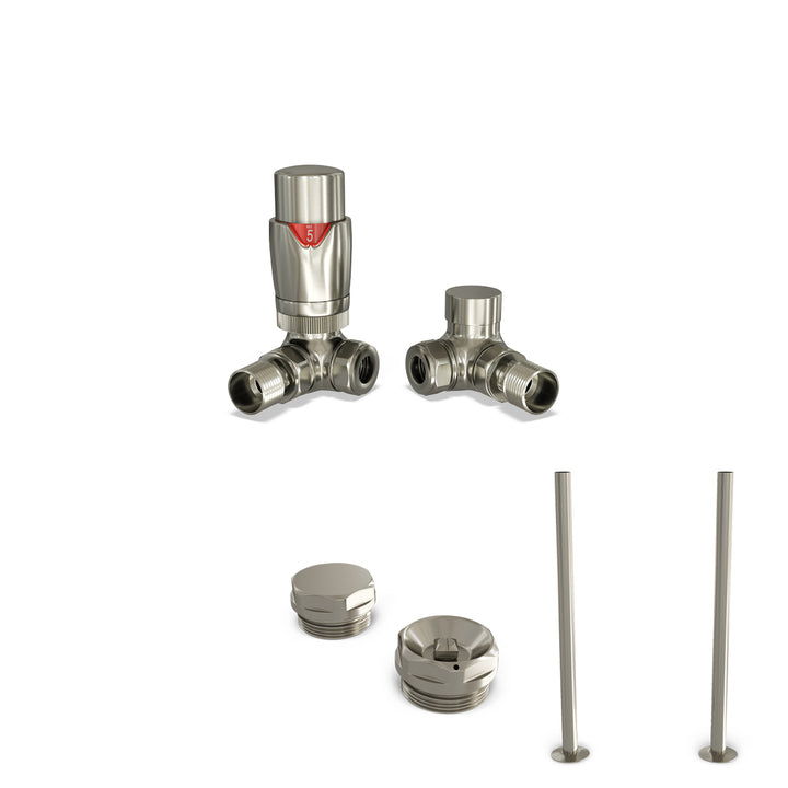 Stirling Bold - Thermostatic Radiator Valve & Installation Kit - Silver Nickel Corner 15mm