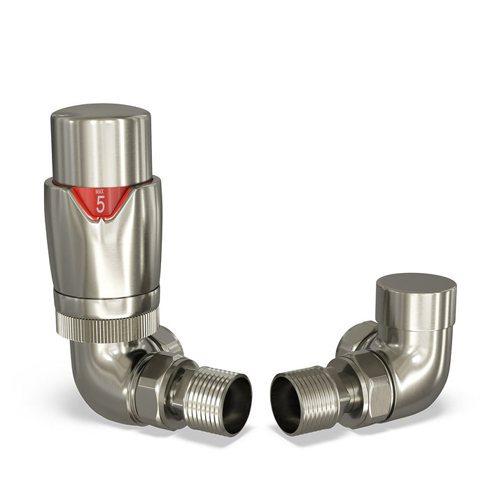 Stirling Bold - Silver Nickel Thermostatic Radiator Valve & Lockshield Corner 10mm