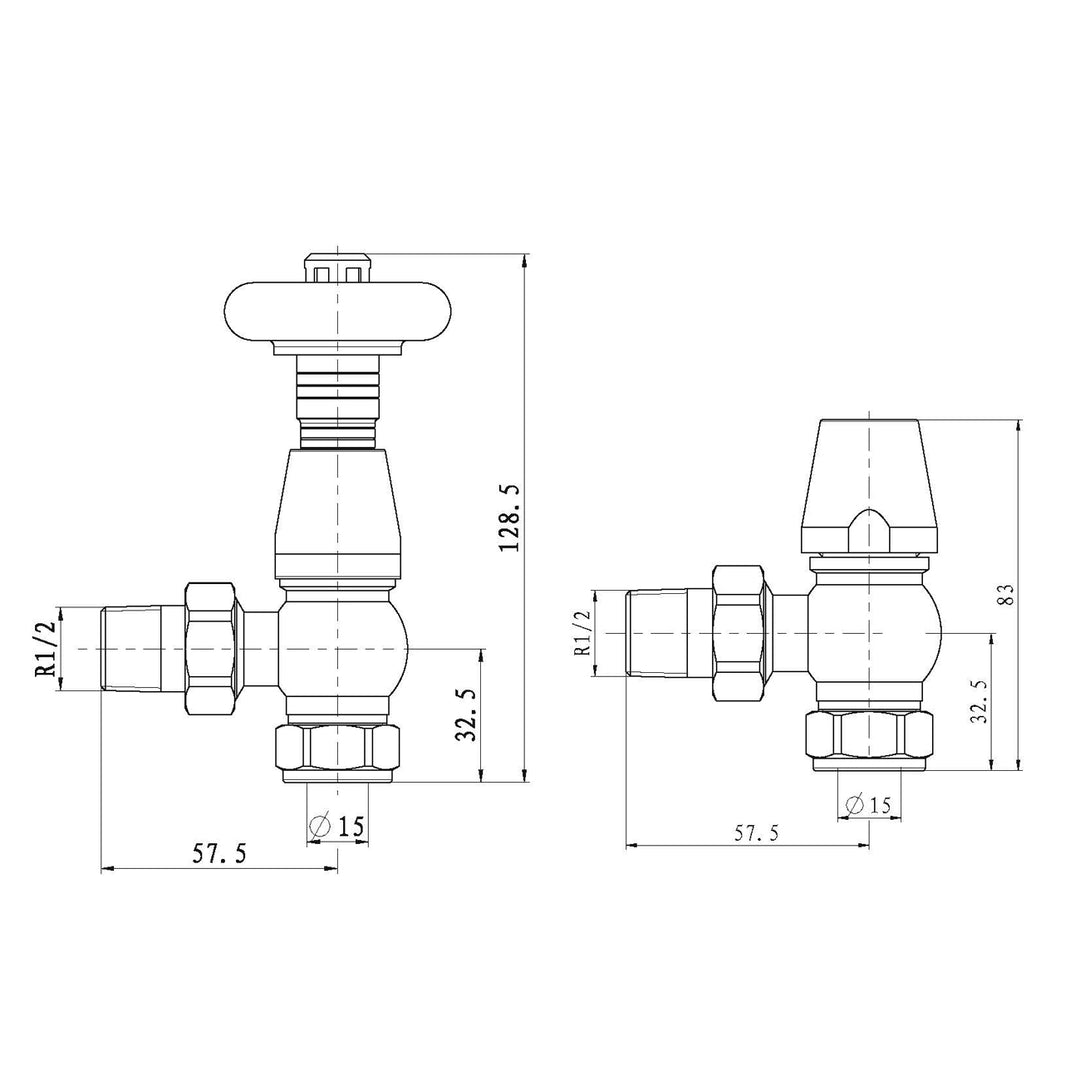 Stirling Traditional angled 15mm thermostatic radiator valve and lockshield technical drawing showing dimensions and connection measurements.