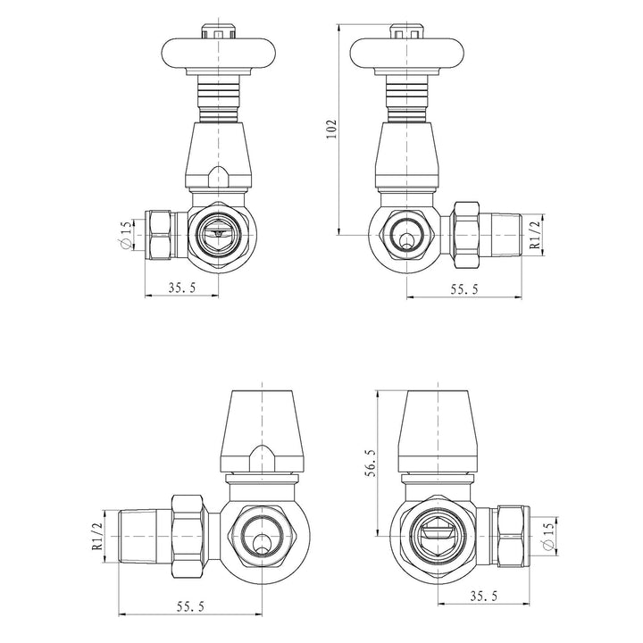Stirling Traditional corner 15mm thermostatic radiator valve and lockshield technical drawing showing dimensions and connection measurements.