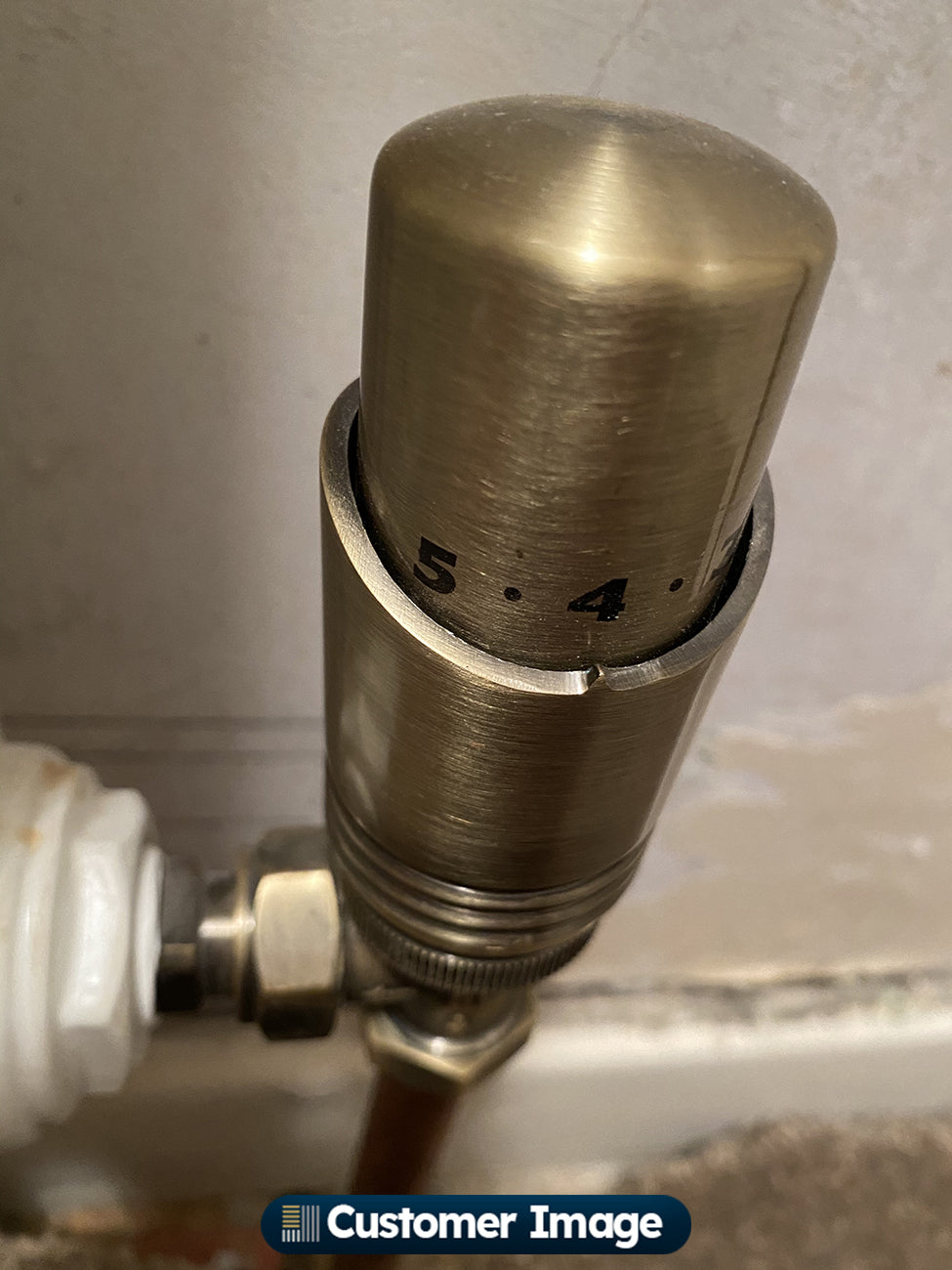 Talus Bold Thermostatic Radiator Valve Antique Brass angled installed in room