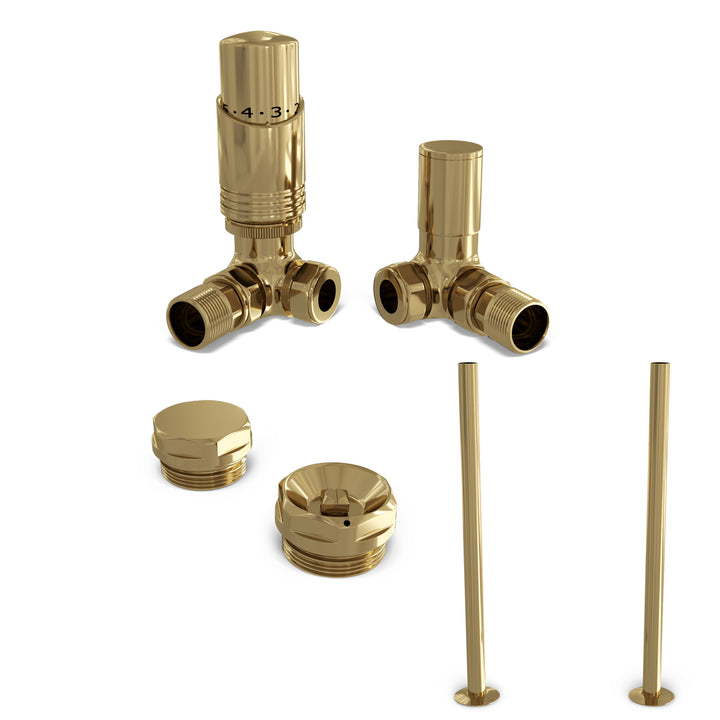 Talus Bold - Antique Brass Thermostatic Radiator Valve & Installation Kit Corner 15mm