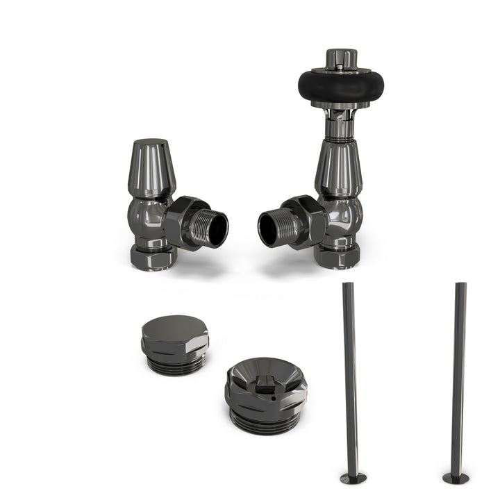 Signature Wooden Head - Black Nickel Thermostatic Radiator Valve & Installation Kit Angled 15mm