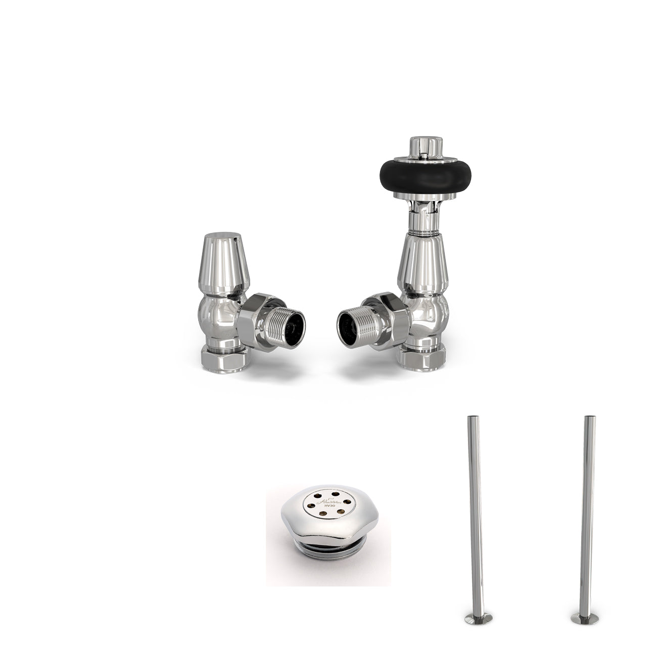 Signature Wooden Head - Thermostatic Radiator Valve & Installation Kit - Chrome Angled 15mm