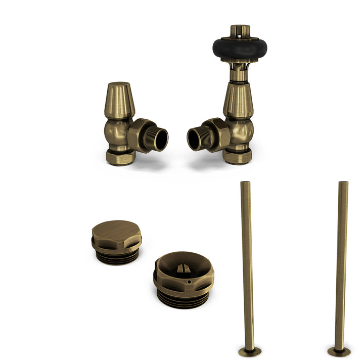 Signature Wooden Head - Thermostatic Radiator Valve & Accessory Kit - Antique Brass Angled 15mm