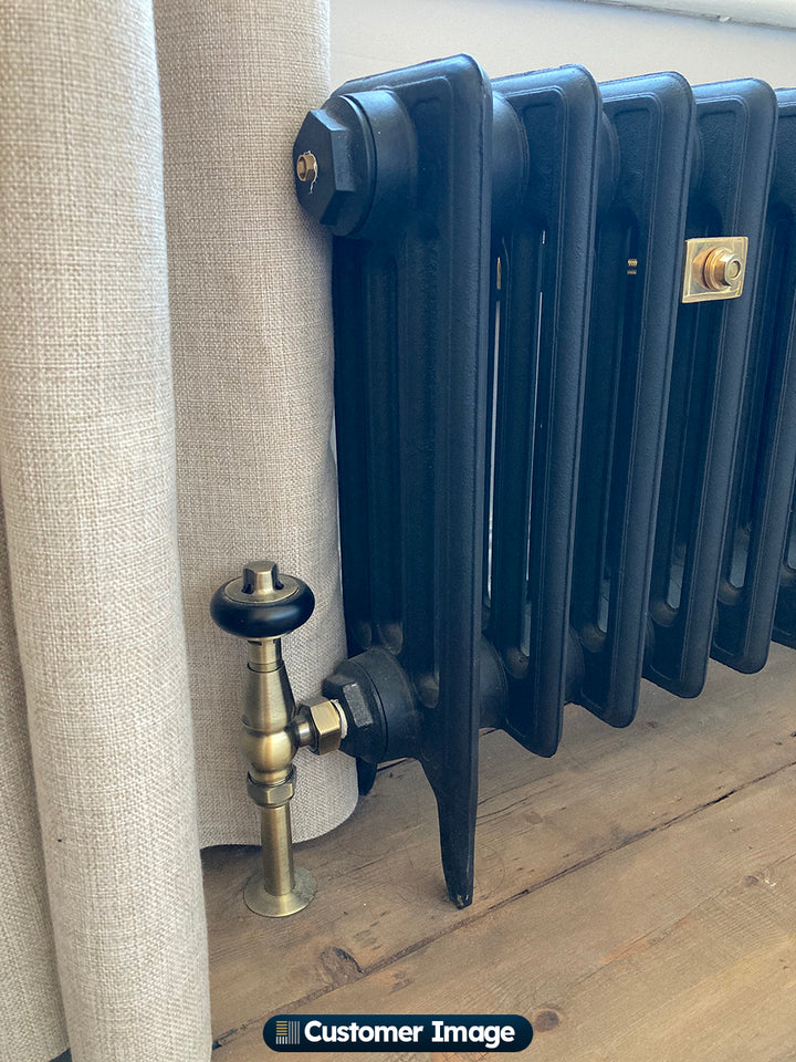 Signature Wooden Head - Antique Brass Thermostatic Radiator Valve & Lockshield Angled 15mm