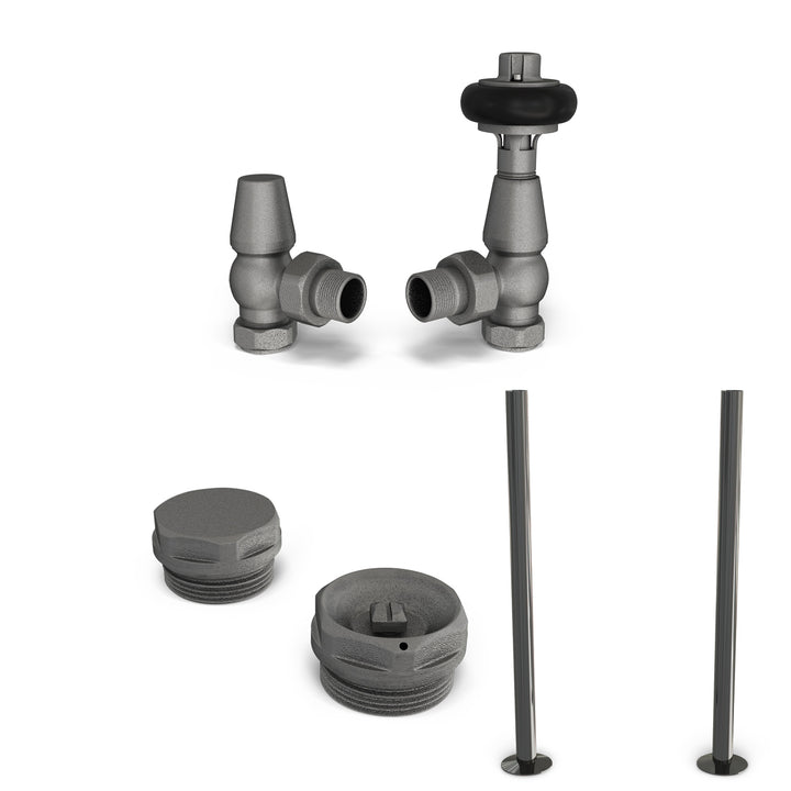 Signature Wooden Head - Thermostatic Radiator Valve & Accessory Kit - Natural Pewter Angled 15mm