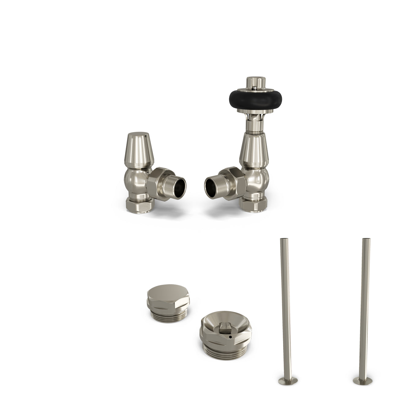 Signature Wooden Head - Thermostatic Radiator Valve & Installation Kit - Silver Nickel Angled 15mm