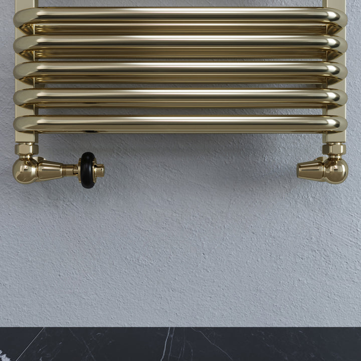 Signature Wooden Head - Polished Brass Thermostatic Radiator Valve & Lockshield Corner 8mm