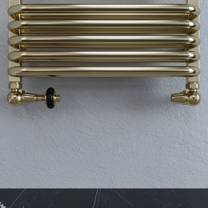 Signature Wooden Head - Polished Brass Thermostatic Radiator Valve & Lockshield Corner 10mm