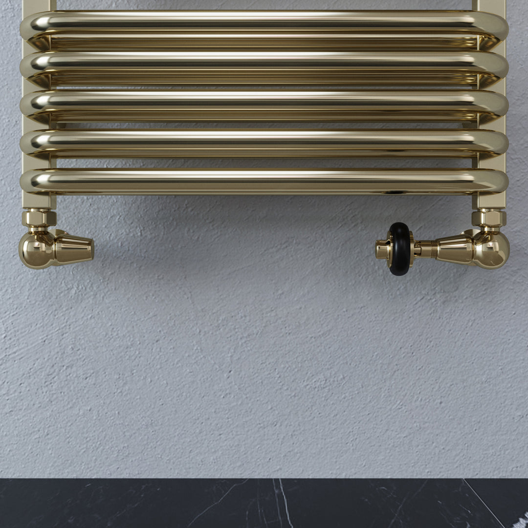 Signature Wooden Head - Polished Brass Thermostatic Radiator Valves Corner 15mm