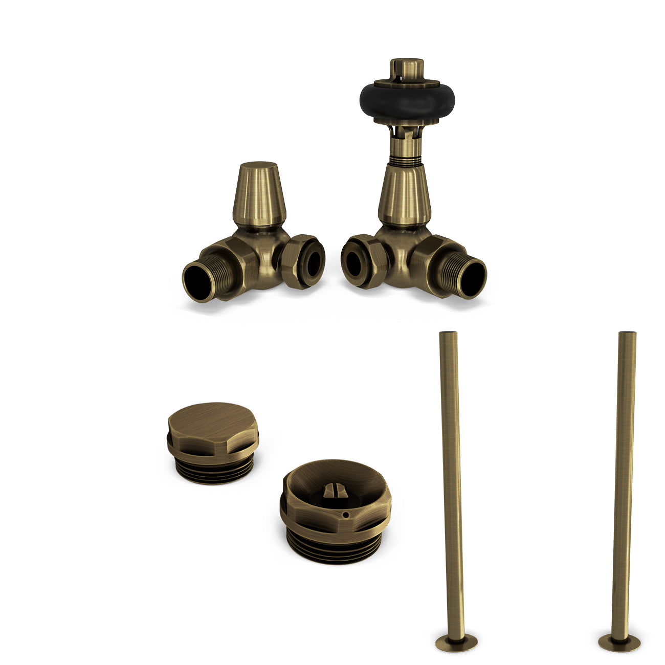 Signature Wooden Head - Antique Brass Thermostatic Radiator Valve & Installation Kit Corner 15mm