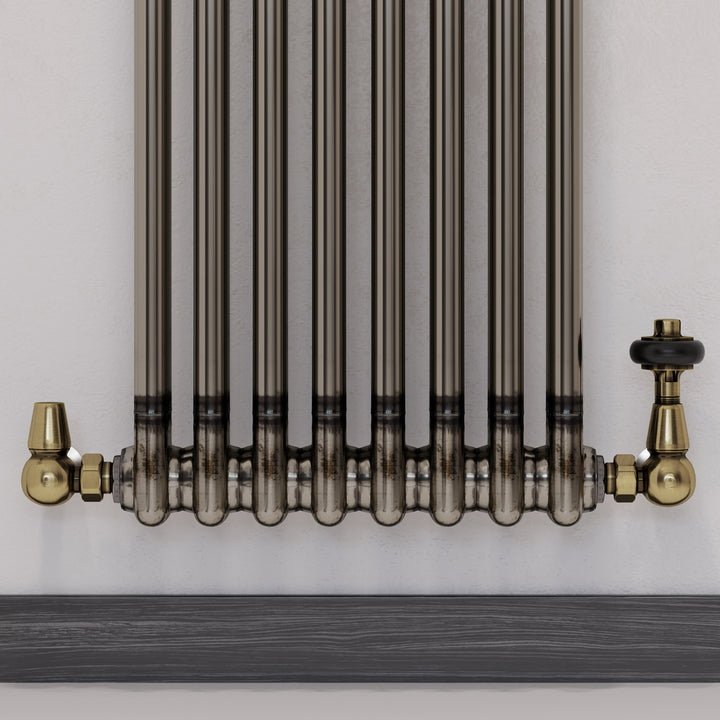 Signature Wooden Head - Antique Brass Thermostatic Radiator Valve & Lockshield Corner 10mm