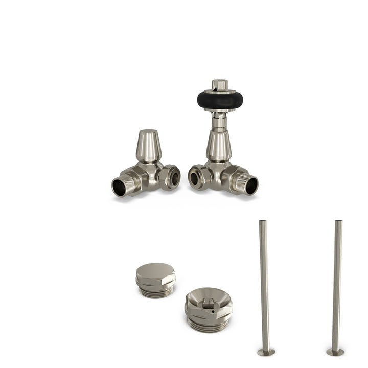Signature Wooden Head - Thermostatic Radiator Valve & Installation Kit - Silver Nickel Corner 15mm