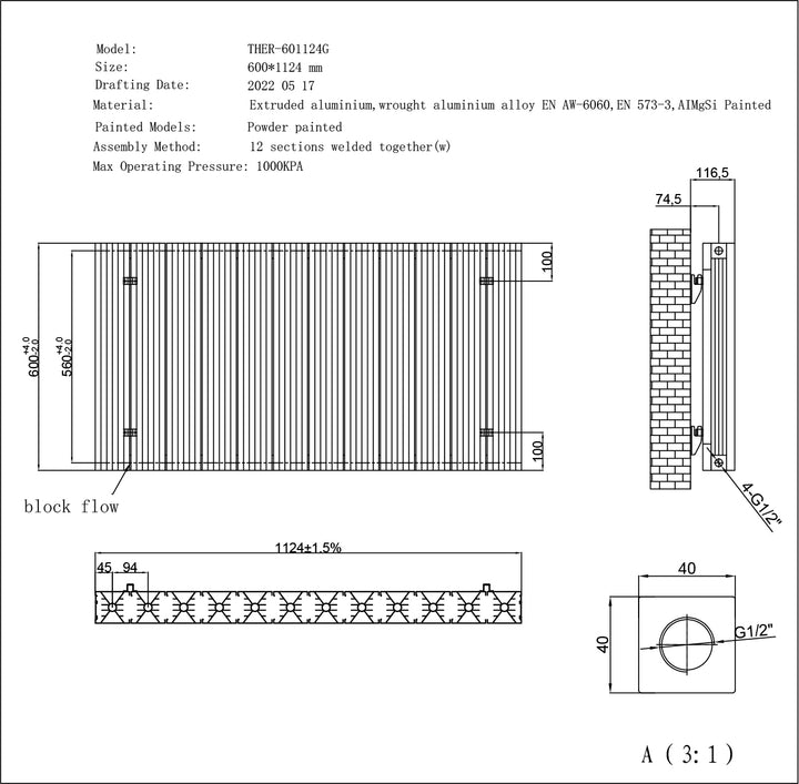 Thetford - White Horizontal Radiator Double Panel H600mm x W1124mm Grooved
