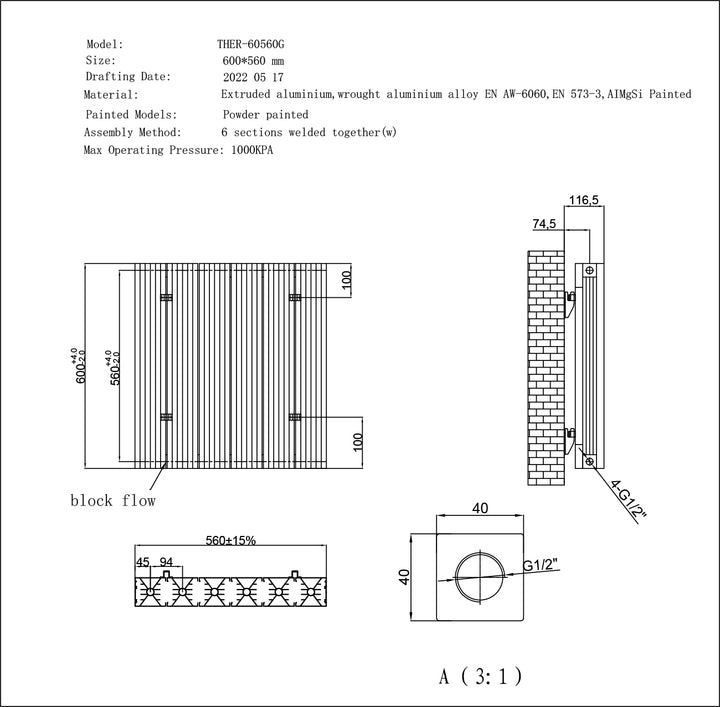 Thetford - White Horizontal Electric Radiator H600mm x W560mm Grooved 300w Thermostatic WIFI