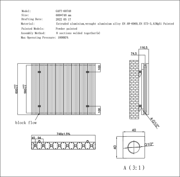 Thetford - Black Horizontal Electric Radiator Double Panel H600mm x W748mm Grooved 600w Thermostatic WIFI
