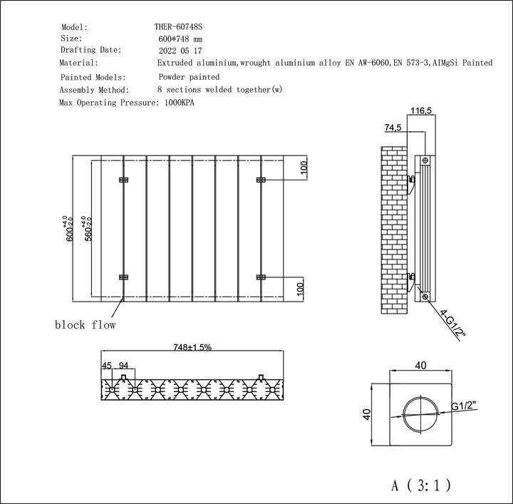 Thetford - Anthracite Horizontal Radiator Double Panel H600mm x W748mm Smooth