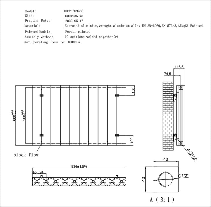 Thetford - White Horizontal Electric Radiator H600mm x W936mm Smooth 900w Thermostatic WIFI