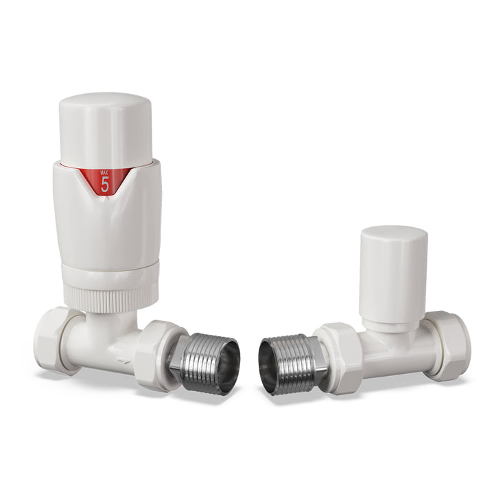 Stirling Bold White Thermostatic Radiator Valve & Lockshield – Straight 10mm TRV Pair