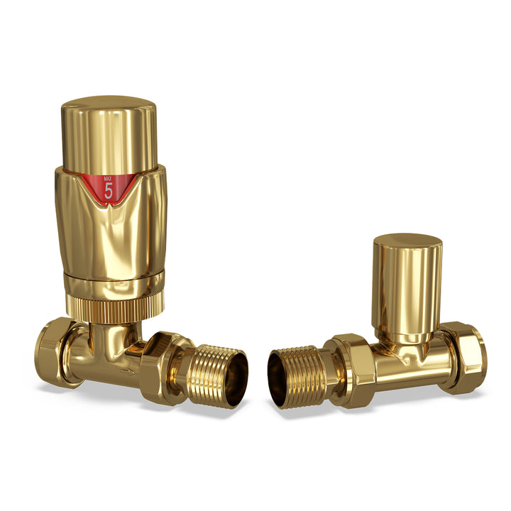 Stirling Bold - Polished Brass Thermostatic Radiator Valve & Lockshield Straight 10mm