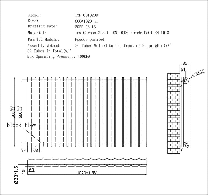 Typhoon - Black Designer Radiator H600mm x W1020mm Double Panel - Feet Included
