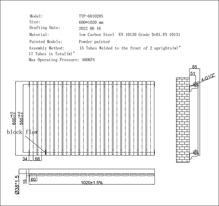 Typhoon - White Horizontal Radiator H600mm x W1020mm Single Panel