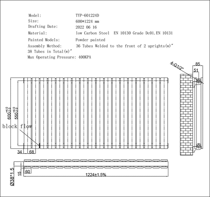 Typhoon - White Designer Radiator H600mm x W1224mm Double Panel - Feet Included