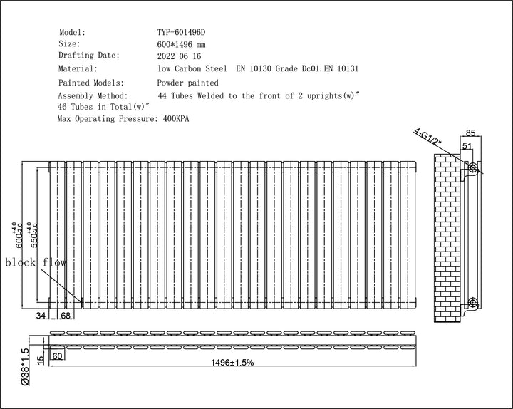 Typhoon - Anthracite Horizontal Radiator H600mm x W1496mm Double Panel